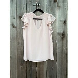 Philosophy Pink Ruffle‎ Sleeve Blouse Top V Neck Smocked Detail Large